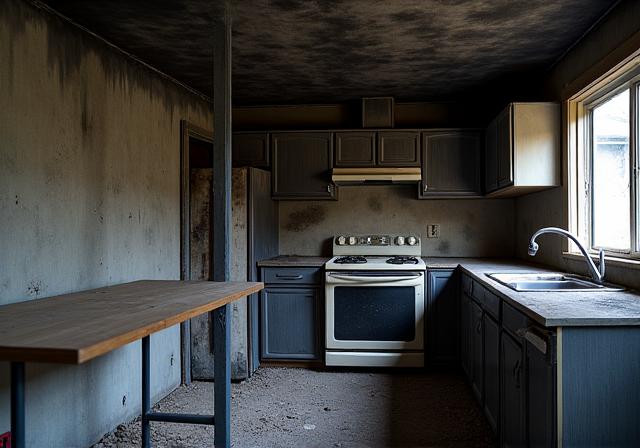 Soot and smoke damage on the walls and ceiling of a kitchen.